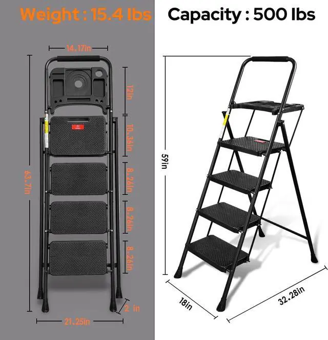 Alt view image 3 of 7 - 4 Step Ladder, Folding Step Stool with Tool Platform, Wide Anti-Slip Pedal, Lightweight 500lbs Step Ladder for Adults, Portable Steel Step Stool for Adults, Black