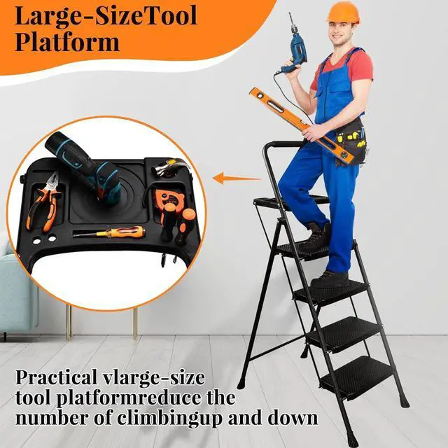 Alt view image 5 of 7 - 4 Step Ladder, Folding Step Stool with Tool Platform, Wide Anti-Slip Pedal, Lightweight 500lbs Step Ladder for Adults, Portable Steel Step Stool for Adults, Black