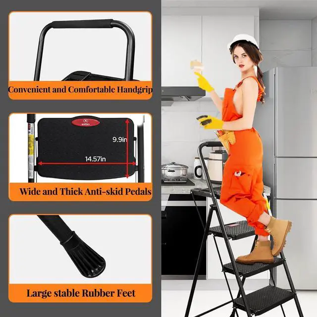 Alt view image 6 of 7 - 4 Step Ladder, Folding Step Stool with Tool Platform, Wide Anti-Slip Pedal, Lightweight 500lbs Step Ladder for Adults, Portable Steel Step Stool for Adults, Black