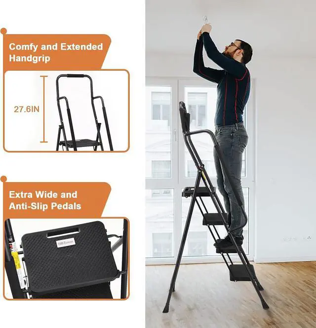 Alt view image 2 of 6 - HBTower Step Ladder with Handrails, Folding Step Stool with Attachable Tool Bag & Anti-Slip Wide Pedal for Home Kitchen Pantry Office, Black