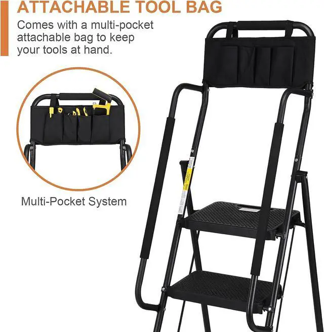 Alt view image 3 of 6 - HBTower Step Ladder with Handrails, Folding Step Stool with Attachable Tool Bag & Anti-Slip Wide Pedal for Home Kitchen Pantry Office, Black