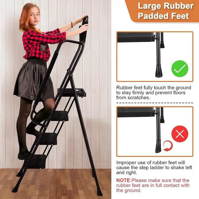 Alt view image 4 of 6 - HBTower Step Ladder with Handrails, Folding Step Stool with Attachable Tool Bag & Anti-Slip Wide Pedal for Home Kitchen Pantry Office, Black