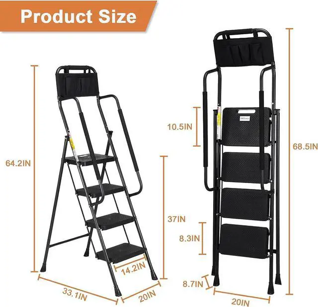 Alt view image 5 of 6 - HBTower Step Ladder with Handrails, Folding Step Stool with Attachable Tool Bag & Anti-Slip Wide Pedal for Home Kitchen Pantry Office, Black