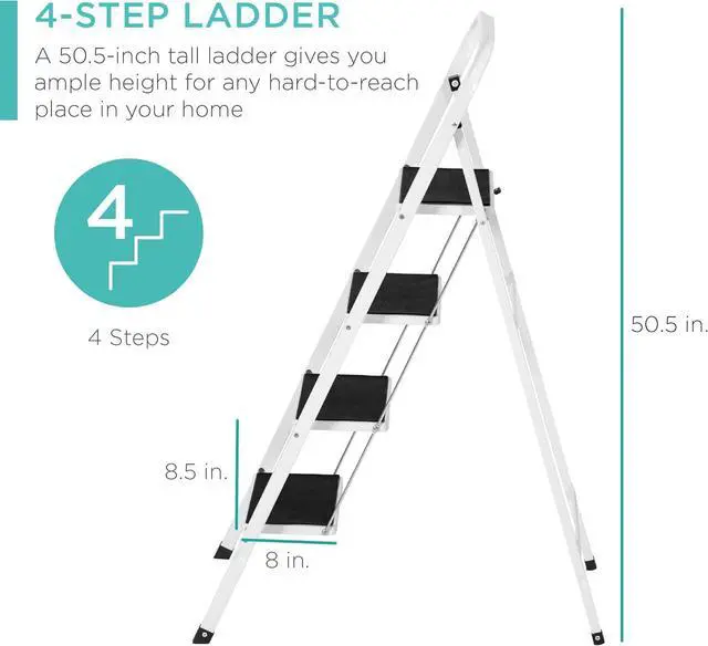Alt view image 2 of 6 - Best Choice Products 4-Step Portable Folding Heavy-Duty Steel Ladder w/Hand Rail, Wide Platform Steps, 330lbs Capacity