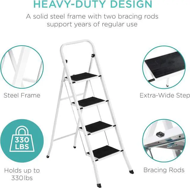 Alt view image 3 of 6 - Best Choice Products 4-Step Portable Folding Heavy-Duty Steel Ladder w/Hand Rail, Wide Platform Steps, 330lbs Capacity