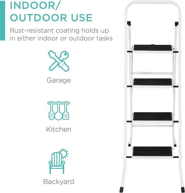 Alt view image 4 of 6 - Best Choice Products 4-Step Portable Folding Heavy-Duty Steel Ladder w/Hand Rail, Wide Platform Steps, 330lbs Capacity