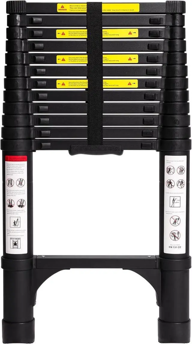 Main image of BOCOM 12.5 FT Aluminum Telescoping Ladder, Lightweight Multi-Purpose Collapsible Extension with 2 Triangle Stabilizers, Heavy Duty 330 lbs Max Capacity, Ideal for Home, RV, and Outdoor Work Black