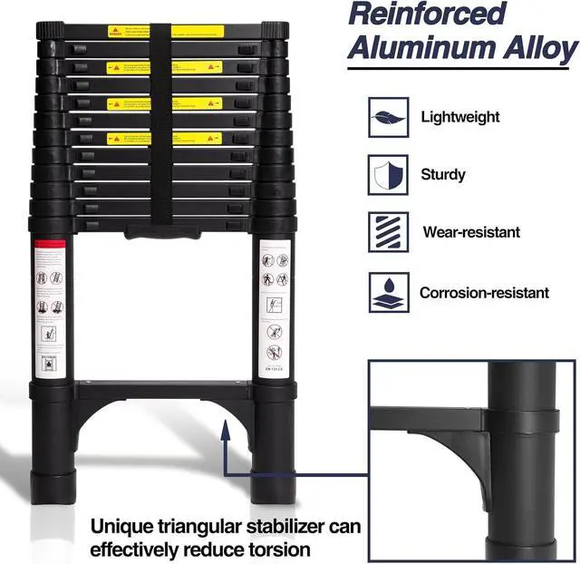 Alt view image 3 of 7 - BOCOM 12.5 FT Aluminum Telescoping Ladder, Lightweight Multi-Purpose Collapsible Extension with 2 Triangle Stabilizers, Heavy Duty 330 lbs Max Capacity, Ideal for Home, RV, and Outdoor Work Black