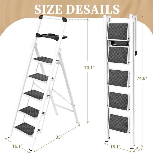 Alt view image 6 of 6 - HBTower Step Ladder, Step Ladder Folding Step Stool, Portable Sturdy Steel Ladder Stool for Adults with Anti-Slip Wide Pedals Home Outdoor Kitchen, White