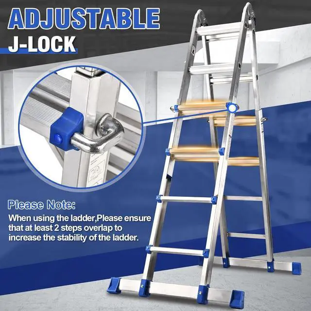 Alt view image 5 of 7 - HBTower A Frame 4 Step Extension Ladder, 14 Ft Multi Position Ladder with Removable Tool Tray and Stabilizer Bar, 330 lbs Capacity Telescoping La dder for Household and Outdoor Work (Blue, 14FT)