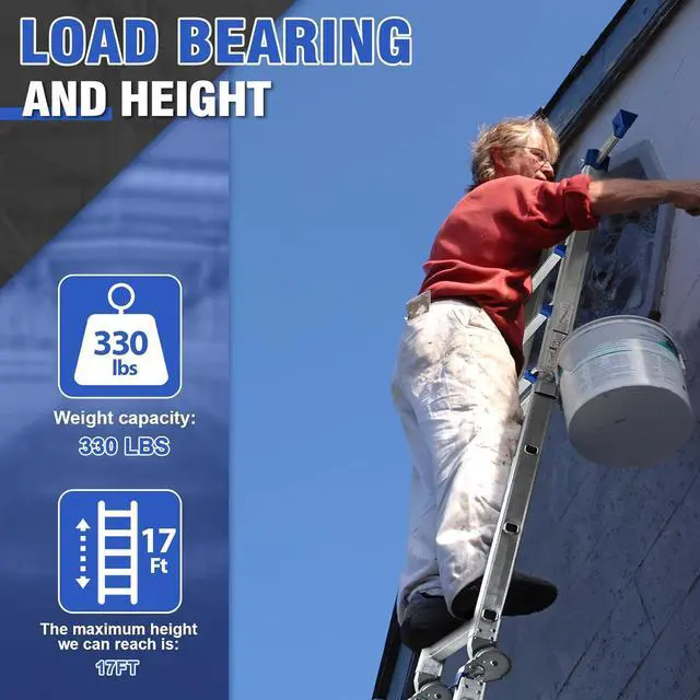 Alt view image 7 of 7 - HBTower A Frame 4 Step Extension Ladder, 14 Ft Multi Position Ladder with Removable Tool Tray and Stabilizer Bar, 330 lbs Capacity Telescoping La dder for Household and Outdoor Work (Blue, 14FT)