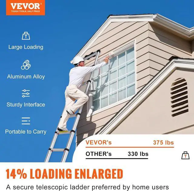 Alt view image 2 of 7 - VEVOR Telescoping Ladder, 12.5 FT Aluminum One-button Retraction Collapsible Extension Ladder, 375 LBS Capacity with Non-slip Feet, Portable Multi-purpose Compact Ladder for Home, RV, Loft, ANSI Liste
