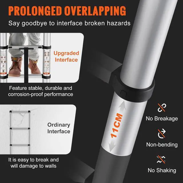 Alt view image 3 of 7 - VEVOR Telescoping Ladder, 12.5 FT Aluminum One-button Retraction Collapsible Extension Ladder, 375 LBS Capacity with Non-slip Feet, Portable Multi-purpose Compact Ladder for Home, RV, Loft, ANSI Liste