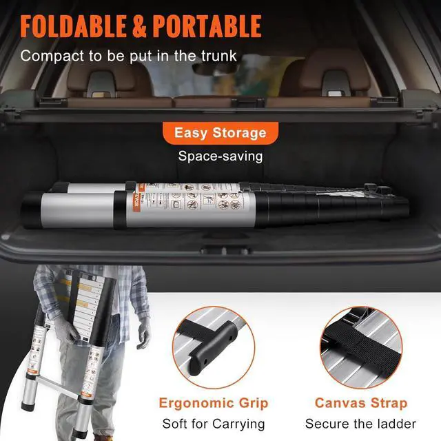 Alt view image 5 of 7 - VEVOR Telescoping Ladder, 12.5 FT Aluminum One-button Retraction Collapsible Extension Ladder, 375 LBS Capacity with Non-slip Feet, Portable Multi-purpose Compact Ladder for Home, RV, Loft, ANSI Liste