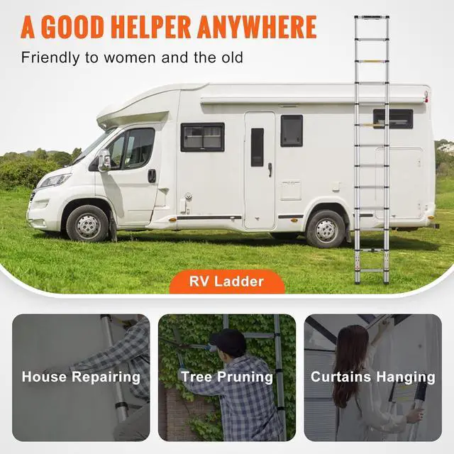 Alt view image 6 of 7 - VEVOR Telescoping Ladder, 12.5 FT Aluminum One-button Retraction Collapsible Extension Ladder, 375 LBS Capacity with Non-slip Feet, Portable Multi-purpose Compact Ladder for Home, RV, Loft, ANSI Liste