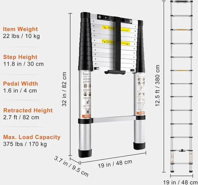 Alt view image 7 of 7 - VEVOR Telescoping Ladder, 12.5 FT Aluminum One-button Retraction Collapsible Extension Ladder, 375 LBS Capacity with Non-slip Feet, Portable Multi-purpose Compact Ladder for Home, RV, Loft, ANSI Liste