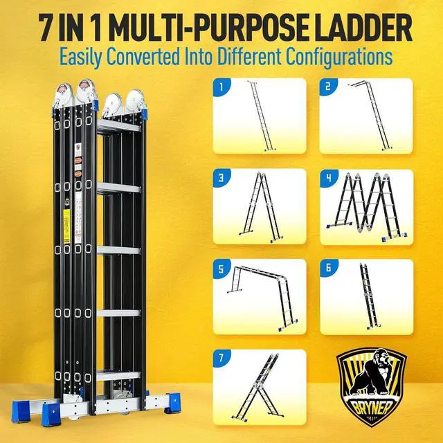 Alt view image 2 of 6 - Bryner Folding Step Ladder, 19.6ft, 7 in 1 Multi-Purpose Folding Adjustable Telescoping Aluminium Extension Ladders, 330lbs