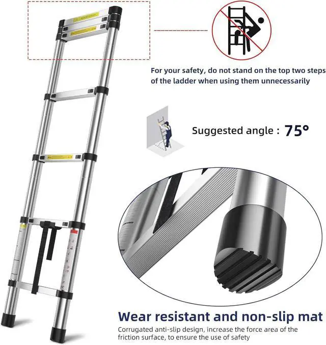 Alt view image 4 of 7 - 6.6 FT Extension Ladders, Lightweight Collapsible Ladders, Aluminum Telescoping Ladders for Home, Folding Telescoping Ladder for RV, Attic, Daily Use at Home, Capacity 330 lbs