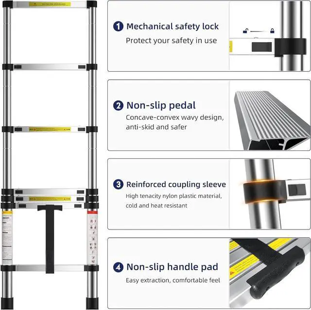 Alt view image 3 of 7 - 6.6 FT Extension Ladders, Lightweight Collapsible Ladders, Aluminum Telescoping Ladders for Home, Folding Telescoping Ladder for RV, Attic, Daily Use at Home, Capacity 330 lbs