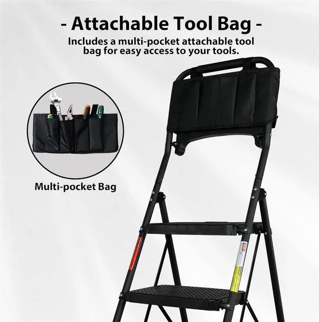 Alt view image 4 of 7 - BONTEC 5-Step Ladder, 400lbs Max Load, Folding Step Stool with Tool Tray, Tool Bag, Handrails, Wide Anti-Slip Pedals, Sturdy Steel Ladder for Household & Work Use, Black