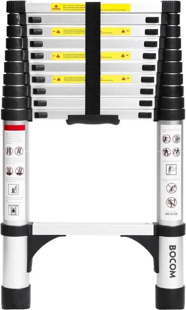 Main image of BOCOM 10.5 FT Aluminum Telescoping Ladder, Lightweight Multi-Purpose Collapsible Extension with 2 Triangle Stabilizers, Heavy Duty 330 lbs Max Capacity, Ideal for Home, RV, and Outdoor Work Silver