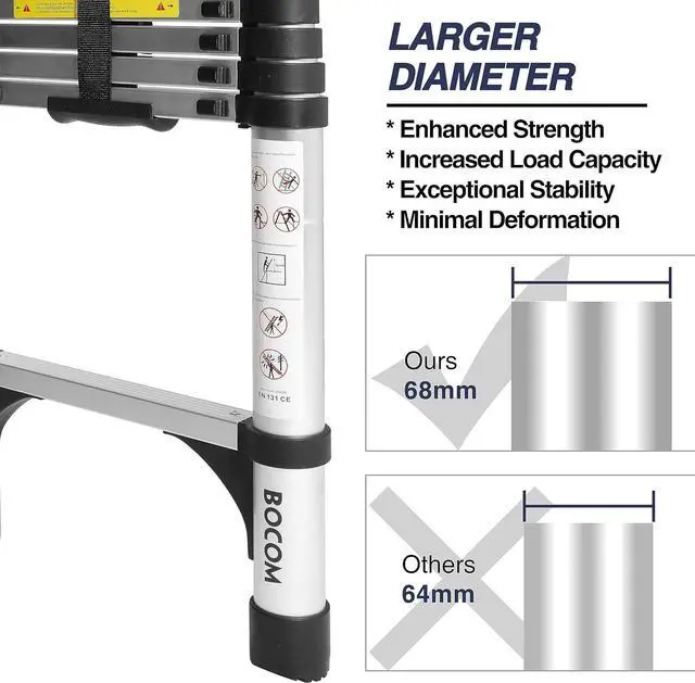 Alt view image 2 of 7 - BOCOM 10.5 FT Aluminum Telescoping Ladder, Lightweight Multi-Purpose Collapsible Extension with 2 Triangle Stabilizers, Heavy Duty 330 lbs Max Capacity, Ideal for Home, RV, and Outdoor Work Silver