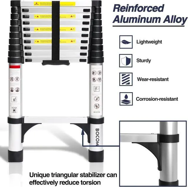 Alt view image 3 of 7 - BOCOM 10.5 FT Aluminum Telescoping Ladder, Lightweight Multi-Purpose Collapsible Extension with 2 Triangle Stabilizers, Heavy Duty 330 lbs Max Capacity, Ideal for Home, RV, and Outdoor Work Silver
