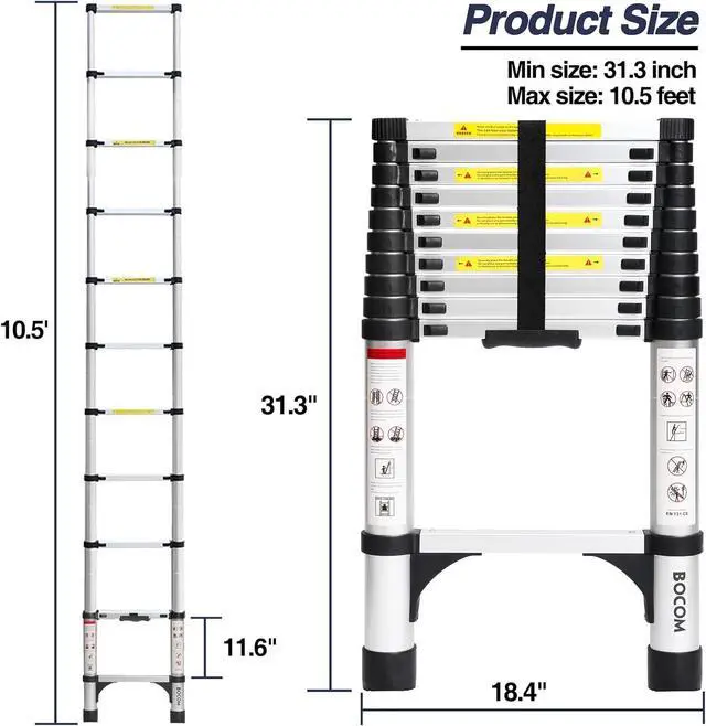 Alt view image 5 of 7 - BOCOM 10.5 FT Aluminum Telescoping Ladder, Lightweight Multi-Purpose Collapsible Extension with 2 Triangle Stabilizers, Heavy Duty 330 lbs Max Capacity, Ideal for Home, RV, and Outdoor Work Silver