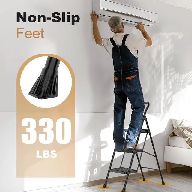 Alt view image 4 of 6 - HBTower 3 Step Ladder, 3 Step Stool for Adults, 3 Step Ladder Folding Step Stool with Cushioned Handle Step Ladder with Wide Pedal Ergonomic Design,Black
