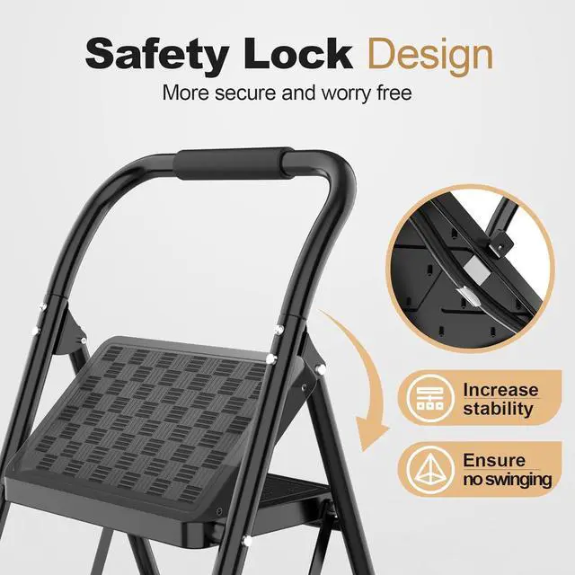 Alt view image 3 of 6 - HBTower 3 Step Ladder, 3 Step Stool for Adults, 3 Step Ladder Folding Step Stool with Cushioned Handle Step Ladder with Wide Pedal Ergonomic Design,Black