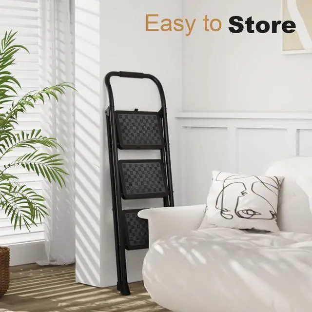 Alt view image 5 of 6 - HBTower 3 Step Ladder, 3 Step Stool for Adults, 3 Step Ladder Folding Step Stool with Cushioned Handle Step Ladder with Wide Pedal Ergonomic Design,Black