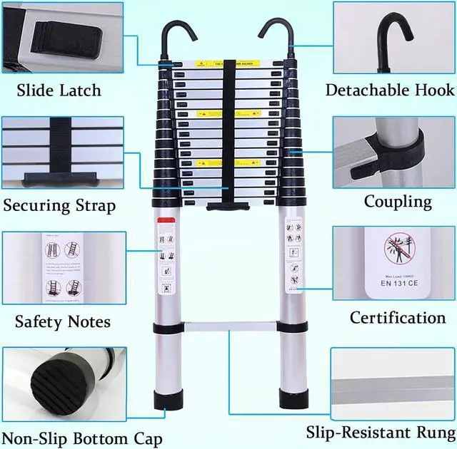 Alt view image 3 of 7 - Telescoping Ladder 20.5ft Aluminum Telescopic Extension Ladder Extendable Ladders with 2 Detachable Hooks Portable Lightweight Safety Lock Design Best for Household Daily or RV Work 330 Pound Capacity