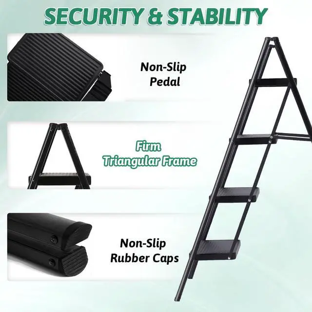 Alt view image 2 of 7 - 4 Step Ladder Folding Step Stool, Heavy Duty 330 Lbs Load Step Ladders for Home, Tall Kitchen/Closet Stepladder for Adults, Black Small & Lightweight Ladder with Anti-Slip Wide Pedals by OOSOFITT