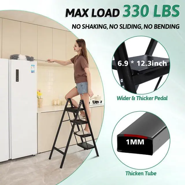 Alt view image 3 of 7 - 4 Step Ladder Folding Step Stool, Heavy Duty 330 Lbs Load Step Ladders for Home, Tall Kitchen/Closet Stepladder for Adults, Black Small & Lightweight Ladder with Anti-Slip Wide Pedals by OOSOFITT