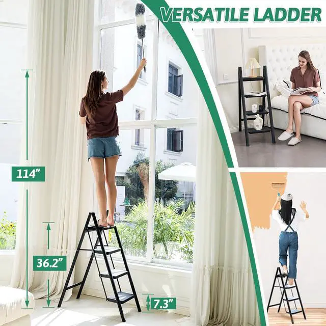 Alt view image 4 of 7 - 4 Step Ladder Folding Step Stool, Heavy Duty 330 Lbs Load Step Ladders for Home, Tall Kitchen/Closet Stepladder for Adults, Black Small & Lightweight Ladder with Anti-Slip Wide Pedals by OOSOFITT