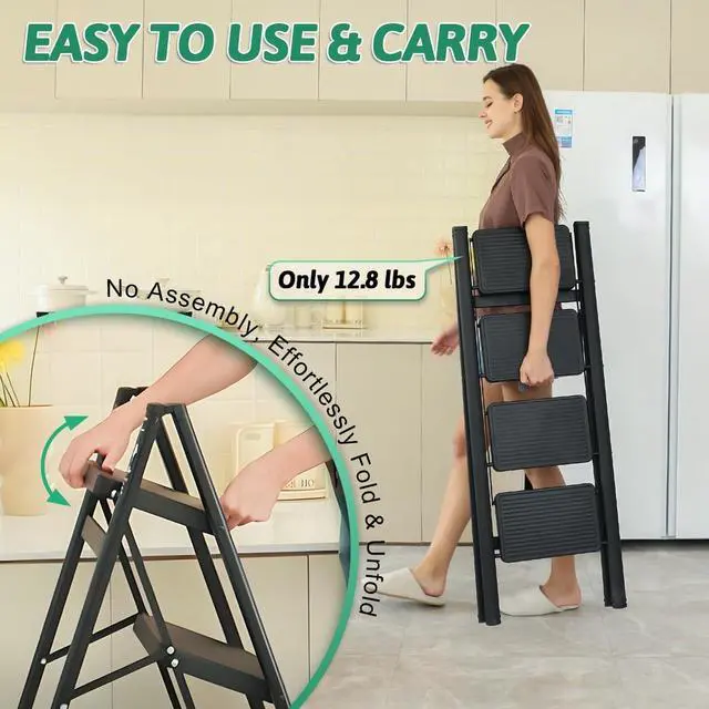 Alt view image 5 of 7 - 4 Step Ladder Folding Step Stool, Heavy Duty 330 Lbs Load Step Ladders for Home, Tall Kitchen/Closet Stepladder for Adults, Black Small & Lightweight Ladder with Anti-Slip Wide Pedals by OOSOFITT