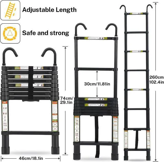 Alt view image 2 of 7 - Telescopic Ladder, 8.5FT RIKADE Aluminum Telescoping Ladder with Non-Slip Feet and Stable Hook, Portable Extension Ladder for Household and Outdoor Working, 330lb Capacity Black