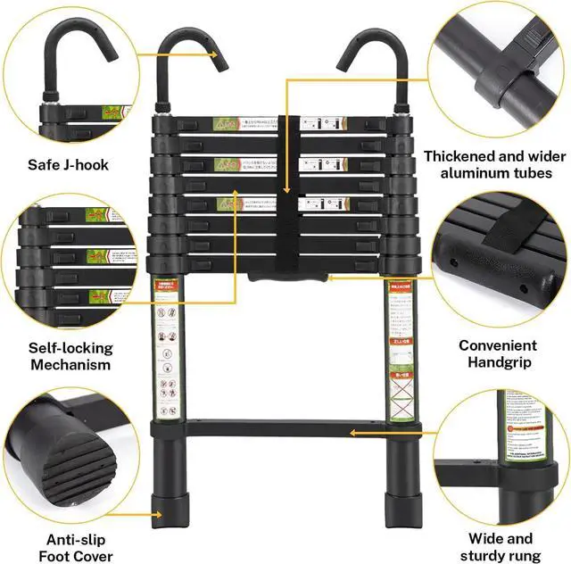 Alt view image 3 of 7 - Telescopic Ladder, 8.5FT RIKADE Aluminum Telescoping Ladder with Non-Slip Feet and Stable Hook, Portable Extension Ladder for Household and Outdoor Working, 330lb Capacity Black