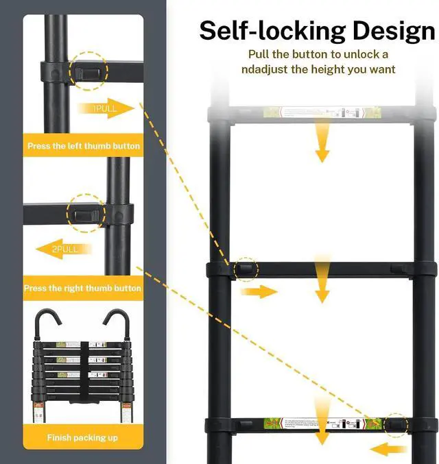 Alt view image 5 of 7 - Telescopic Ladder, 8.5FT RIKADE Aluminum Telescoping Ladder with Non-Slip Feet and Stable Hook, Portable Extension Ladder for Household and Outdoor Working, 330lb Capacity Black