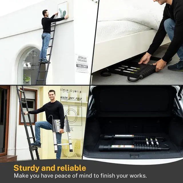 Alt view image 6 of 7 - Telescopic Ladder, 8.5FT RIKADE Aluminum Telescoping Ladder with Non-Slip Feet and Stable Hook, Portable Extension Ladder for Household and Outdoor Working, 330lb Capacity Black