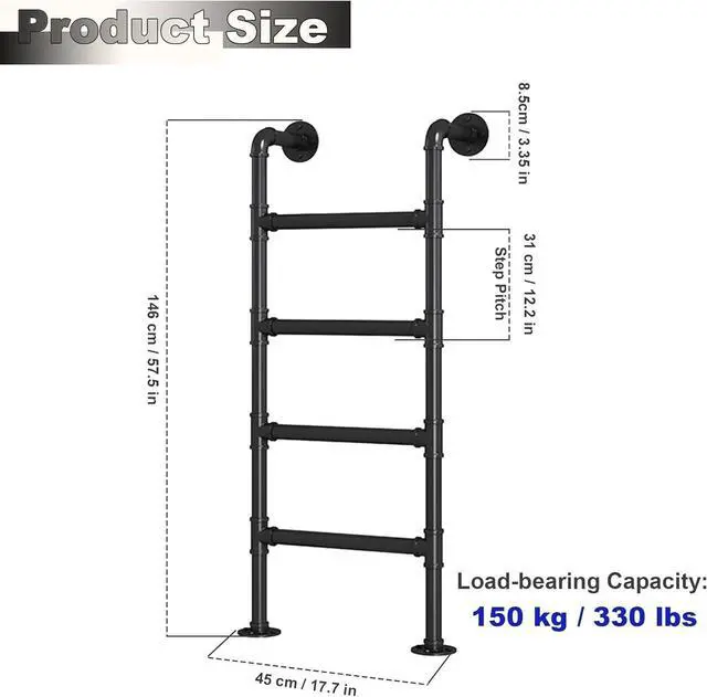 Alt view image 3 of 6 - 4.8FT Wall Mounted Metal Step Ladder for Home Loft, Height Entrance Egress Ladder, Basement Window Well Egress Ladder Fire Escape Ladder for Attic,Dorm,Library,Bunk Bed,Deck,RV,Loads 330lbs