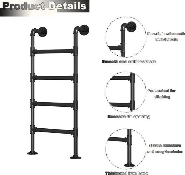 Alt view image 4 of 6 - 4.8FT Wall Mounted Metal Step Ladder for Home Loft, Height Entrance Egress Ladder, Basement Window Well Egress Ladder Fire Escape Ladder for Attic,Dorm,Library,Bunk Bed,Deck,RV,Loads 330lbs