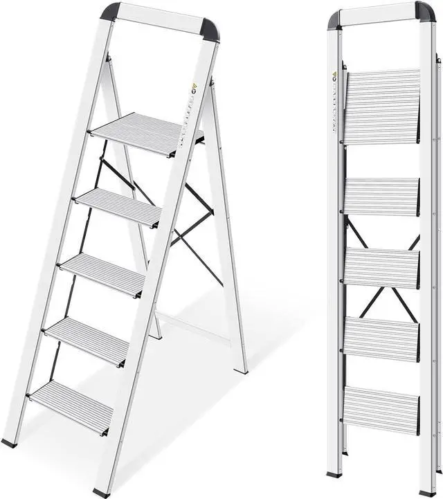 Main image of KINGRACK Aluminium 5 Step Ladder, Lightweight Step Stool with Non-Skid Pedals, Handrail, Foldable Step Ladder for Kitchen, Garage, Home, Space Saving, Sturdy and Portable, Silver