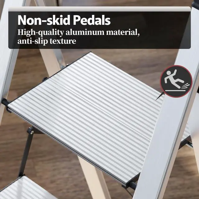 Alt view image 2 of 7 - KINGRACK Aluminium 5 Step Ladder, Lightweight Step Stool with Non-Skid Pedals, Handrail, Foldable Step Ladder for Kitchen, Garage, Home, Space Saving, Sturdy and Portable, Silver