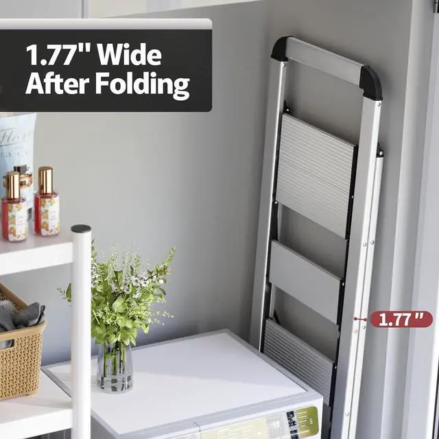 Alt view image 3 of 7 - KINGRACK Aluminium 5 Step Ladder, Lightweight Step Stool with Non-Skid Pedals, Handrail, Foldable Step Ladder for Kitchen, Garage, Home, Space Saving, Sturdy and Portable, Silver