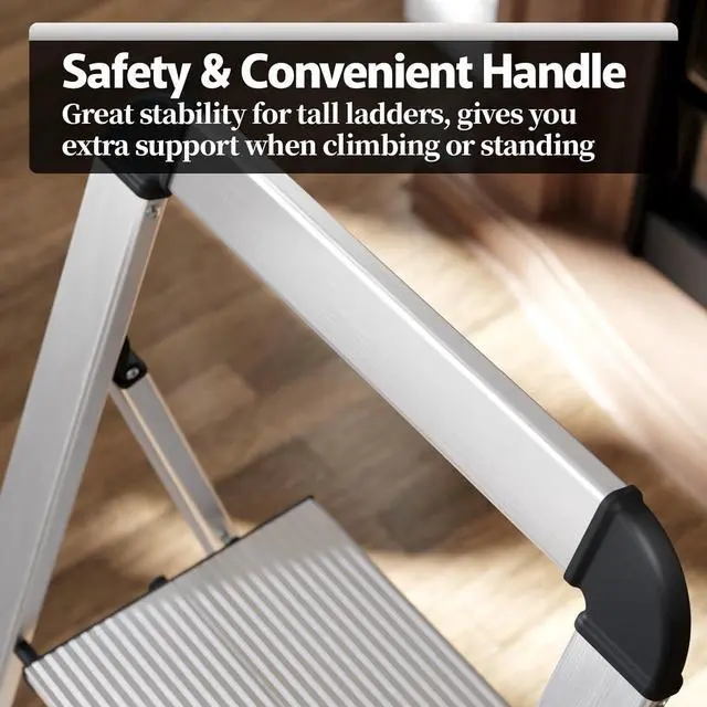 Alt view image 6 of 7 - KINGRACK Aluminium 5 Step Ladder, Lightweight Step Stool with Non-Skid Pedals, Handrail, Foldable Step Ladder for Kitchen, Garage, Home, Space Saving, Sturdy and Portable, Silver