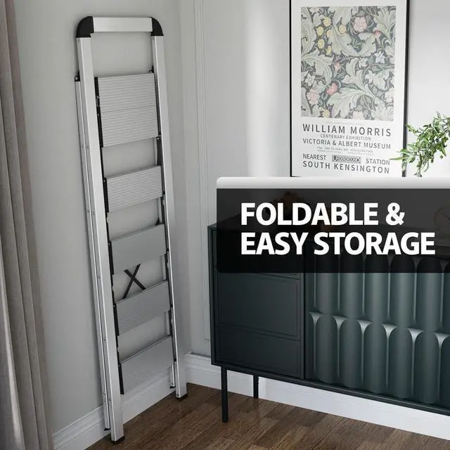 Alt view image 7 of 7 - KINGRACK Aluminium 5 Step Ladder, Lightweight Step Stool with Non-Skid Pedals, Handrail, Foldable Step Ladder for Kitchen, Garage, Home, Space Saving, Sturdy and Portable, Silver
