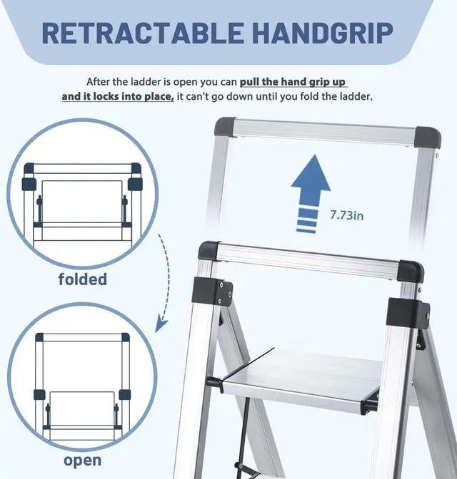 Alt view image 3 of 7 - XinSunho 4 Step Ladder, Retractable Handgrip Folding Step Stool with Anti-Slip Wide Pedal, Aluminum Stool Ladders 4 Steps, 330lbs Safety Household Ladder