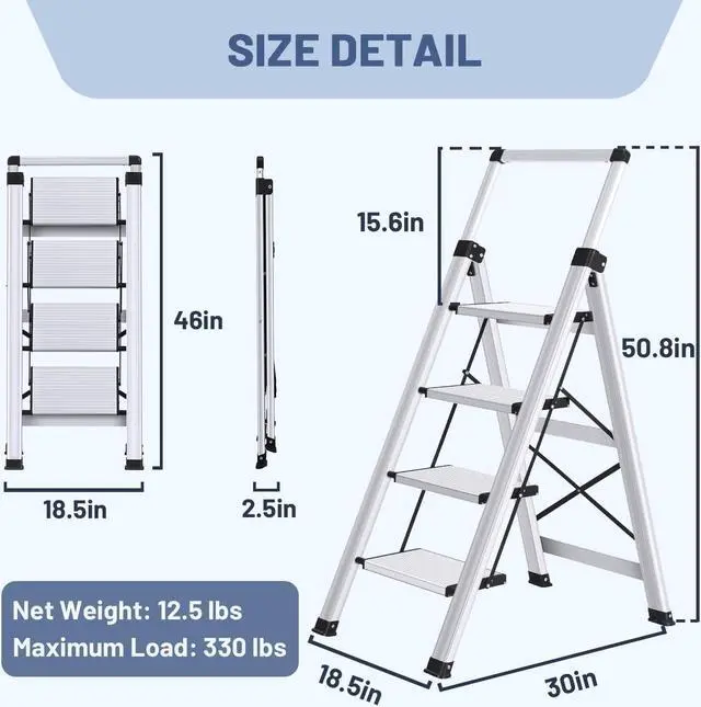 Alt view image 6 of 7 - XinSunho 4 Step Ladder, Retractable Handgrip Folding Step Stool with Anti-Slip Wide Pedal, Aluminum Stool Ladders 4 Steps, 330lbs Safety Household Ladder