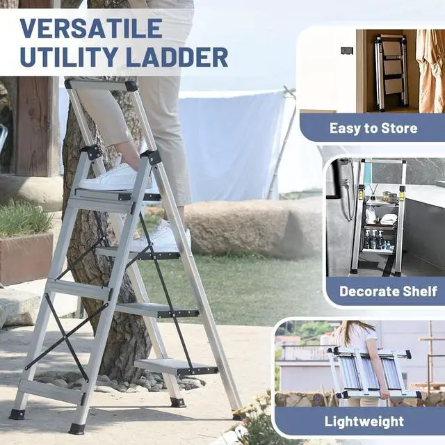 Alt view image 7 of 7 - XinSunho 4 Step Ladder, Retractable Handgrip Folding Step Stool with Anti-Slip Wide Pedal, Aluminum Stool Ladders 4 Steps, 330lbs Safety Household Ladder